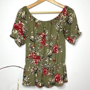 Lollol Olive Floral Off the Shoulder Women's Top